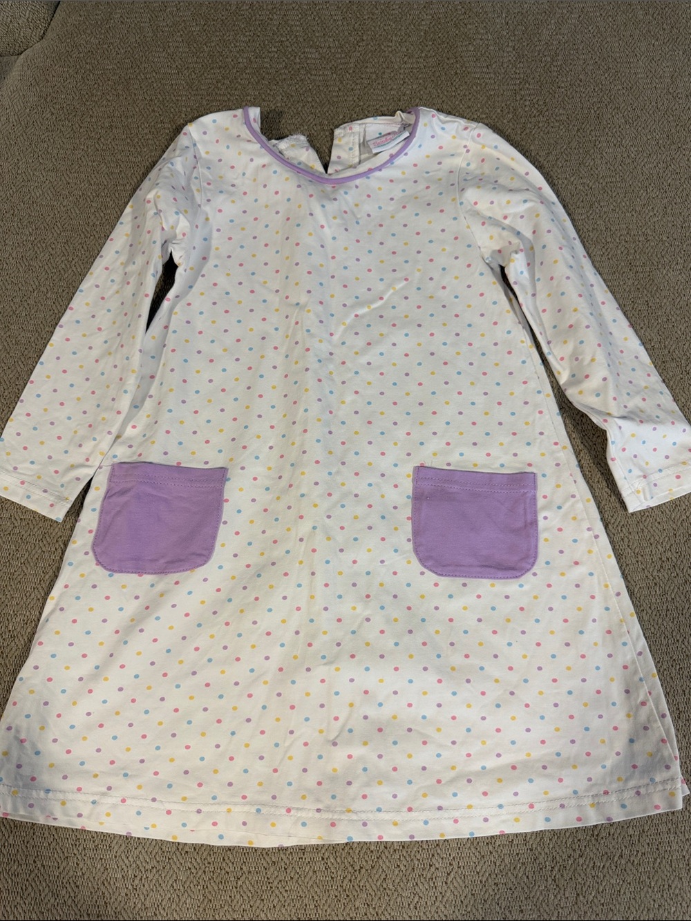 Girls' White Polka Dot Dress with Lavender Pockets